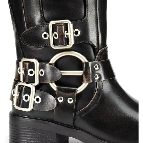 Women's Knee High Riding Boots Slip On Motorcycle Boot Fashion Buckle Biker Boot - Picture 7 of 7